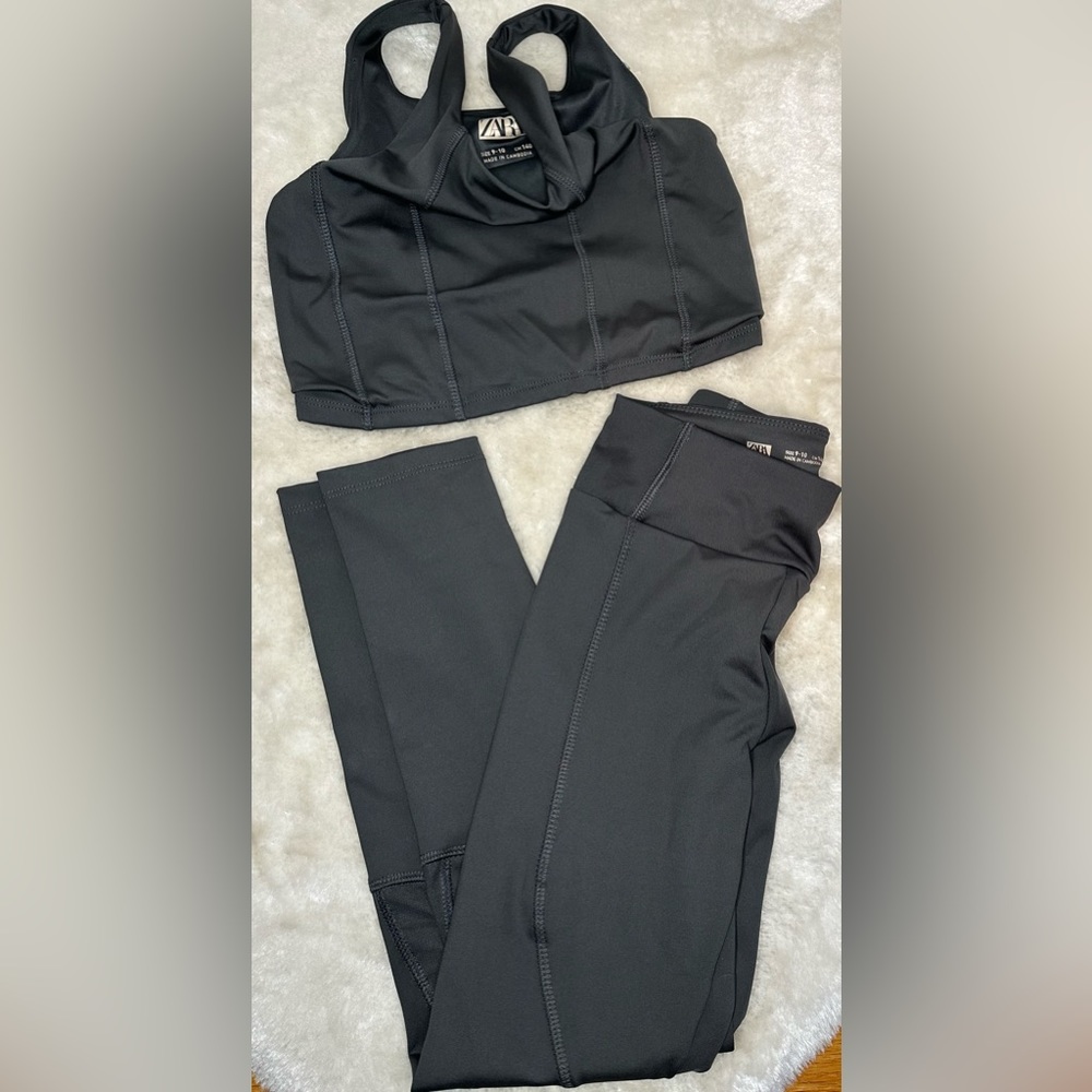 Zara girls 9-10 gray active top/leggings set